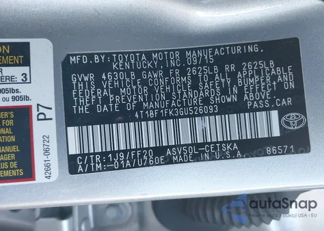 2016 Toyota Camry Se from USA, damaged, VIN 4T1BF1FK3GU526093